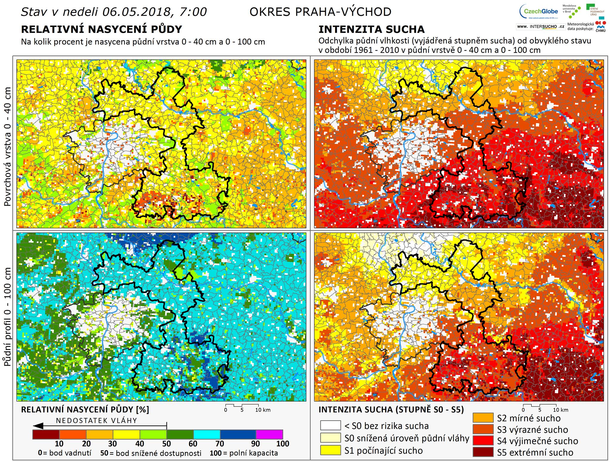 Takhle vypadá Praha-Východ podle projektu Intersucho. Zatím mírné sucho...