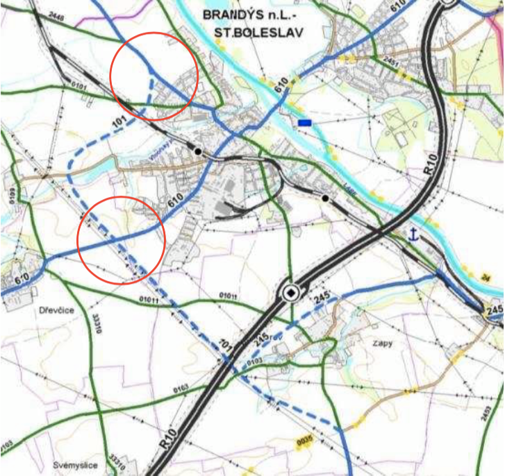 Obchvat Brandýsa v mapě.
