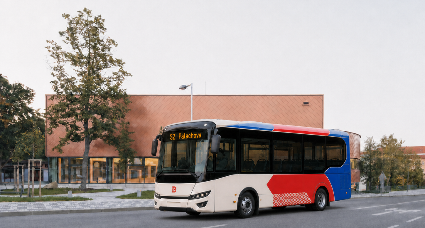 Návrh městského autobusu linky S2 Palachova před sportovní halou