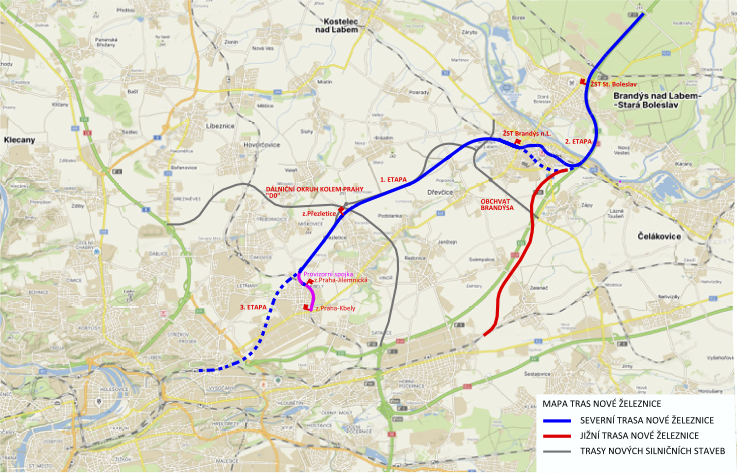 Mapa trasy vlakového spojení Pra - Brandýs a uvažovaná návaznost na Starou Boleslav